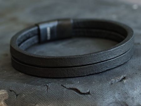 Klasyczna Bransoletka męska czarna Argentomen – skóra naturalna & stal szlachetna