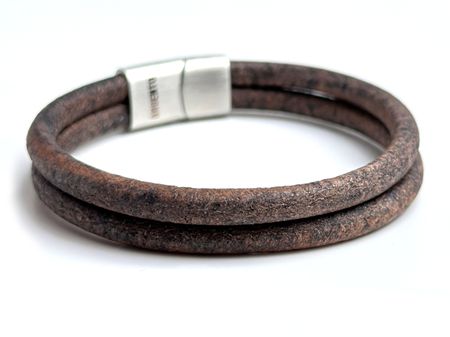 Bransoletka męska skóra naturalna & stal szlachetna - szarobrązowa