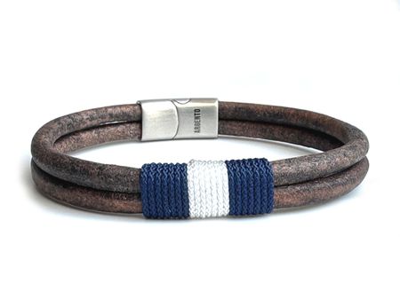 Męska Bransoleta Skórzana z Granatowo-Białym Oplotem – Skóra Naturalna i Stal